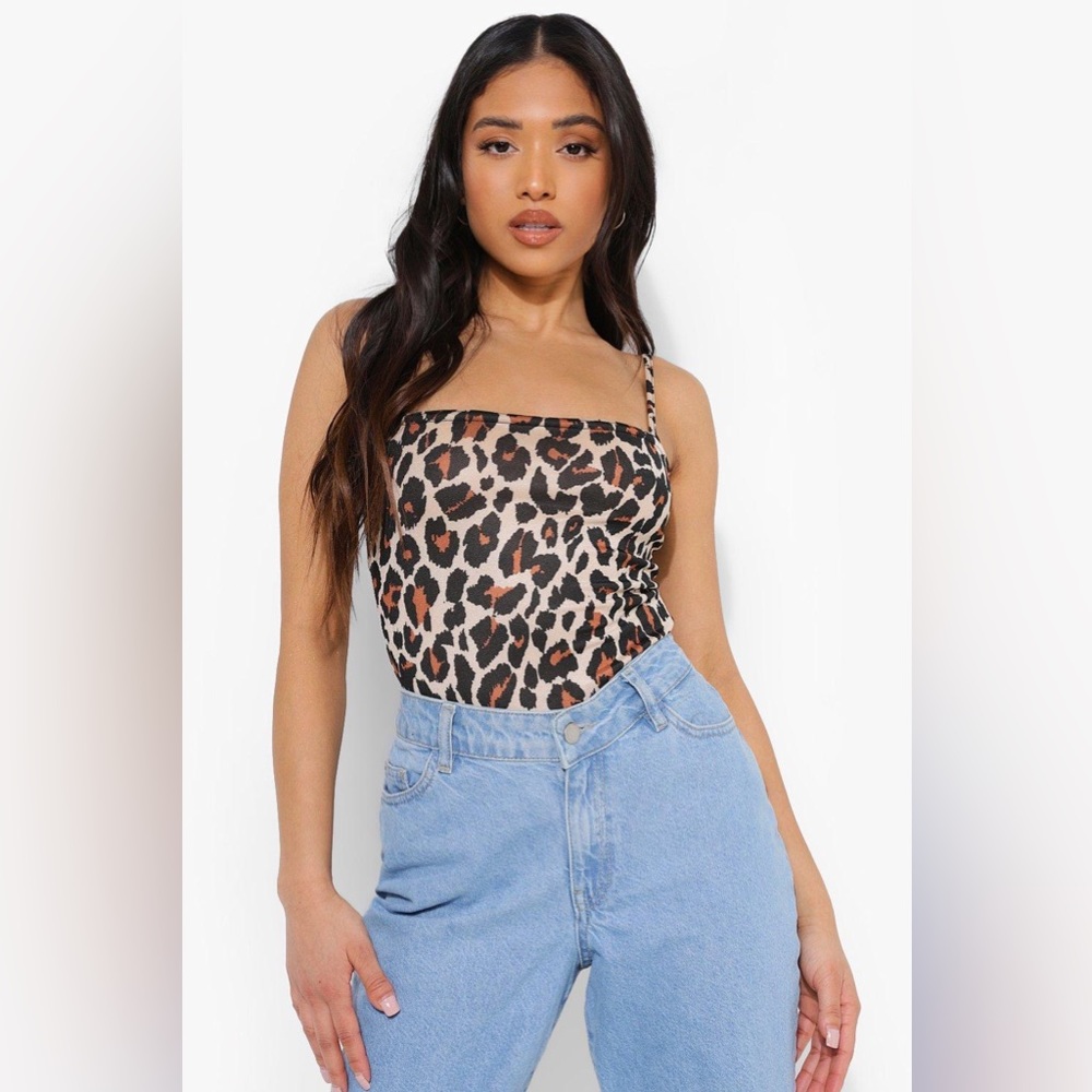 Boohoo leopard spaghetti strap square neck high cut bodysuit size 8